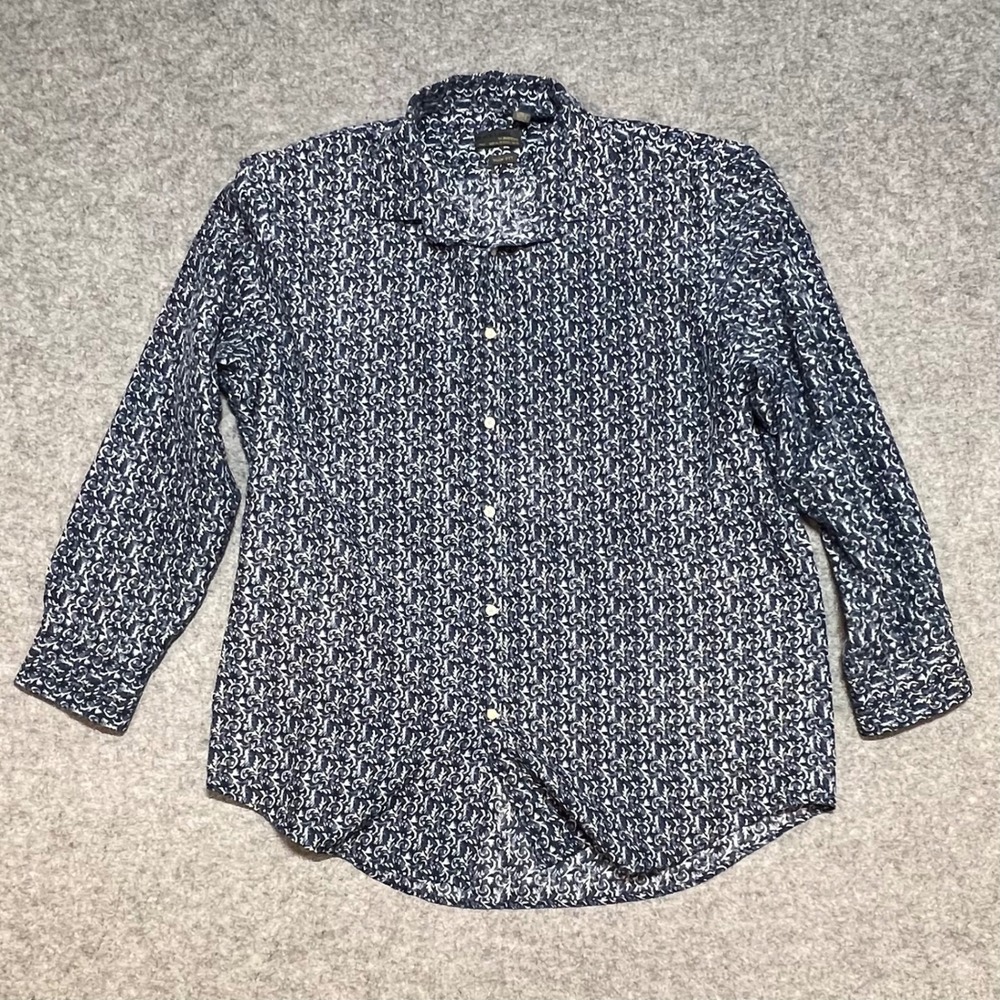 Black Label by Ruffini Slim Fit Blue White Scroll Print Button Down Shirt Men XL